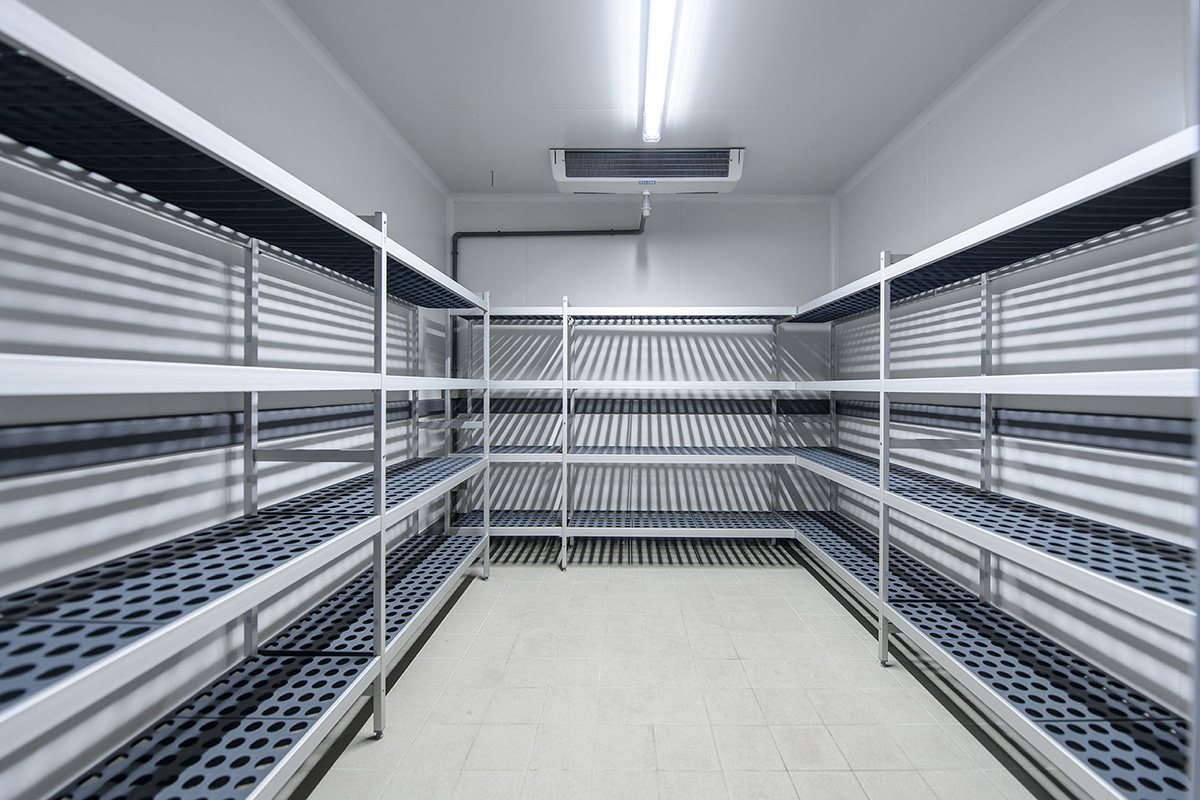 A refrigeration coldroom instsallation in Manchester showing the shelving and the evaporator